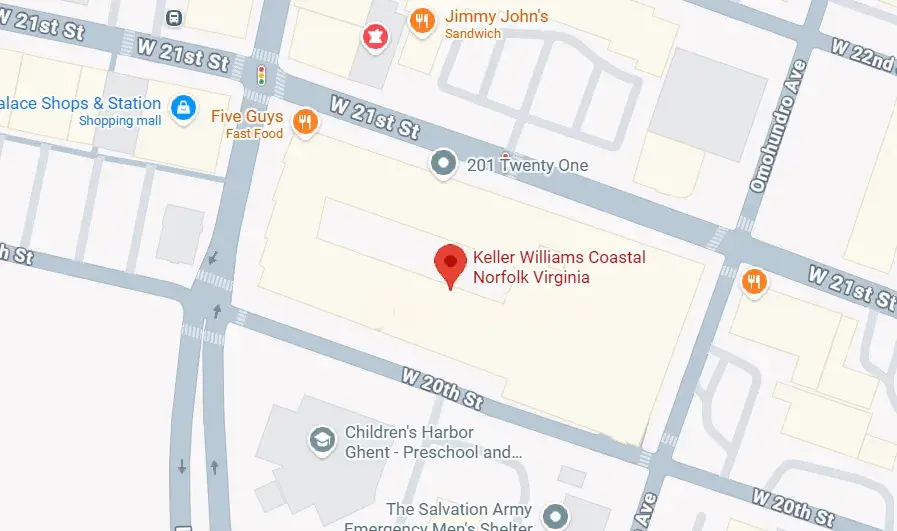 Map showing Keller Williams Coastal Norfolk Virginia at 201 W. 21st Street