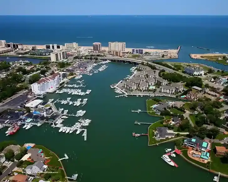 Aerial view of Hampton Roads waterfront and marina